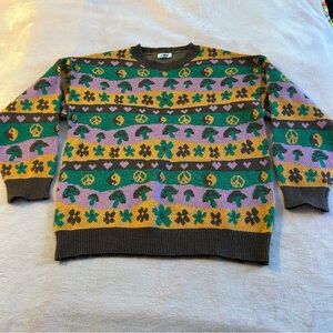 Stitch & Pine Retro Psychedelic striped sweater mushroom peace shamrock size M